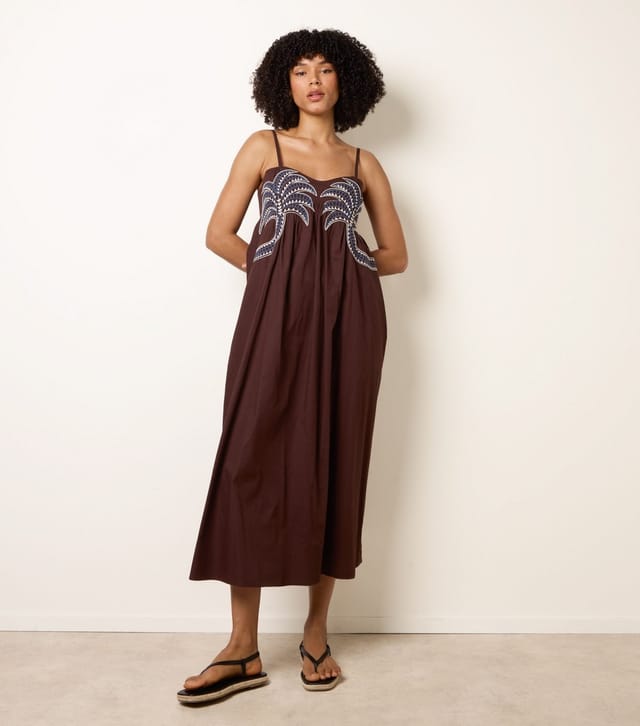 Blue Vanilla Women's Dark Brown Palm Tree Embroidered Midi Smock Dress Blue Vanilla New Look - 3