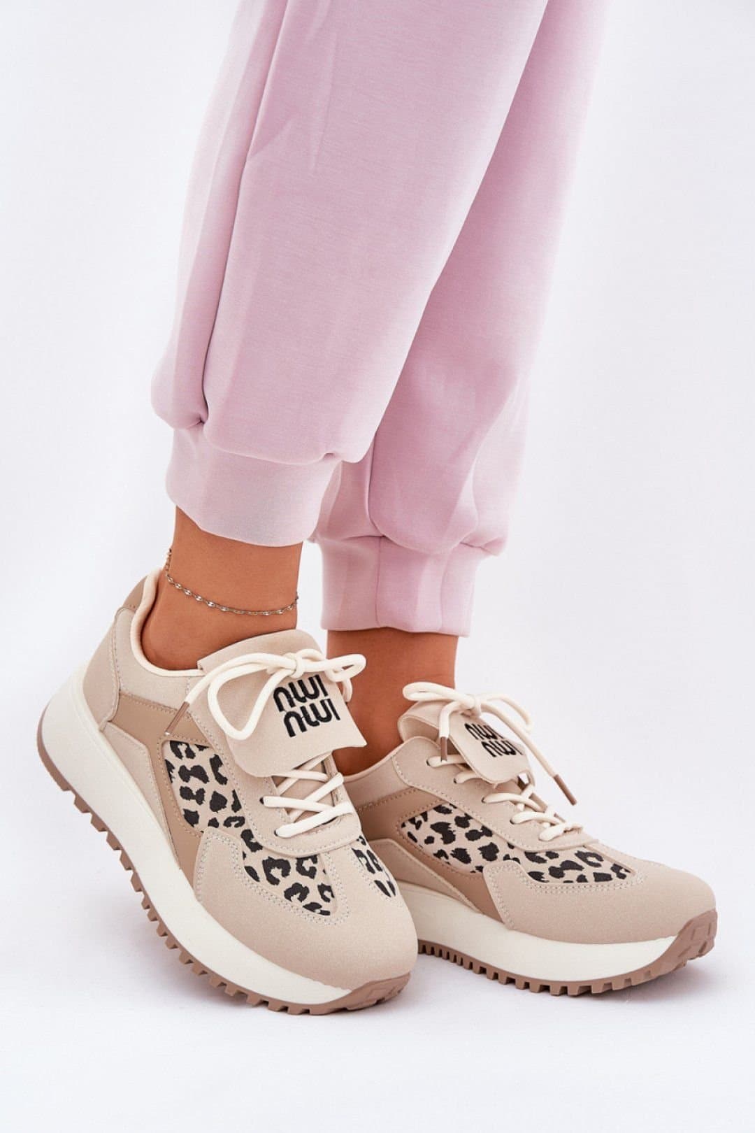 Love Lace Love Lace Women's Platform Suede Sports Sneakers with Rolled Slogan Detail in Beige