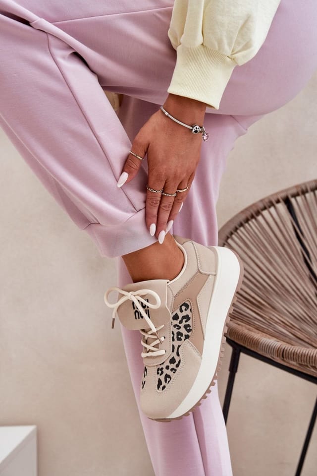 Love Lace Love Lace Women's Platform Suede Sports Sneakers with Rolled Slogan Detail in Beige - 3