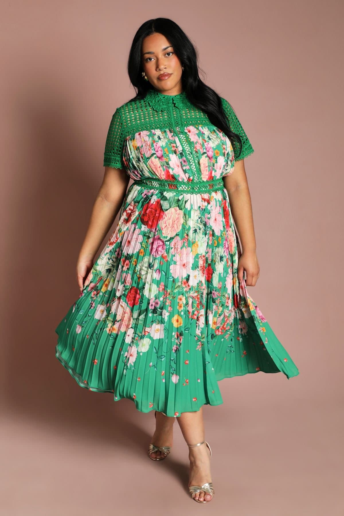 Coast Coast Women's Plus Lace Pleated Placement Print Midi Dress in Green