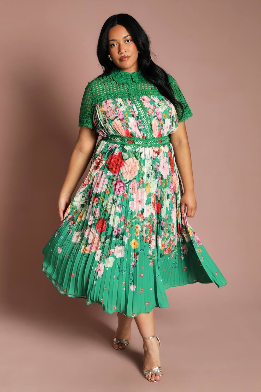 Coast Coast Women's Plus Lace Pleated Placement Print Midi Dress in Green - 2