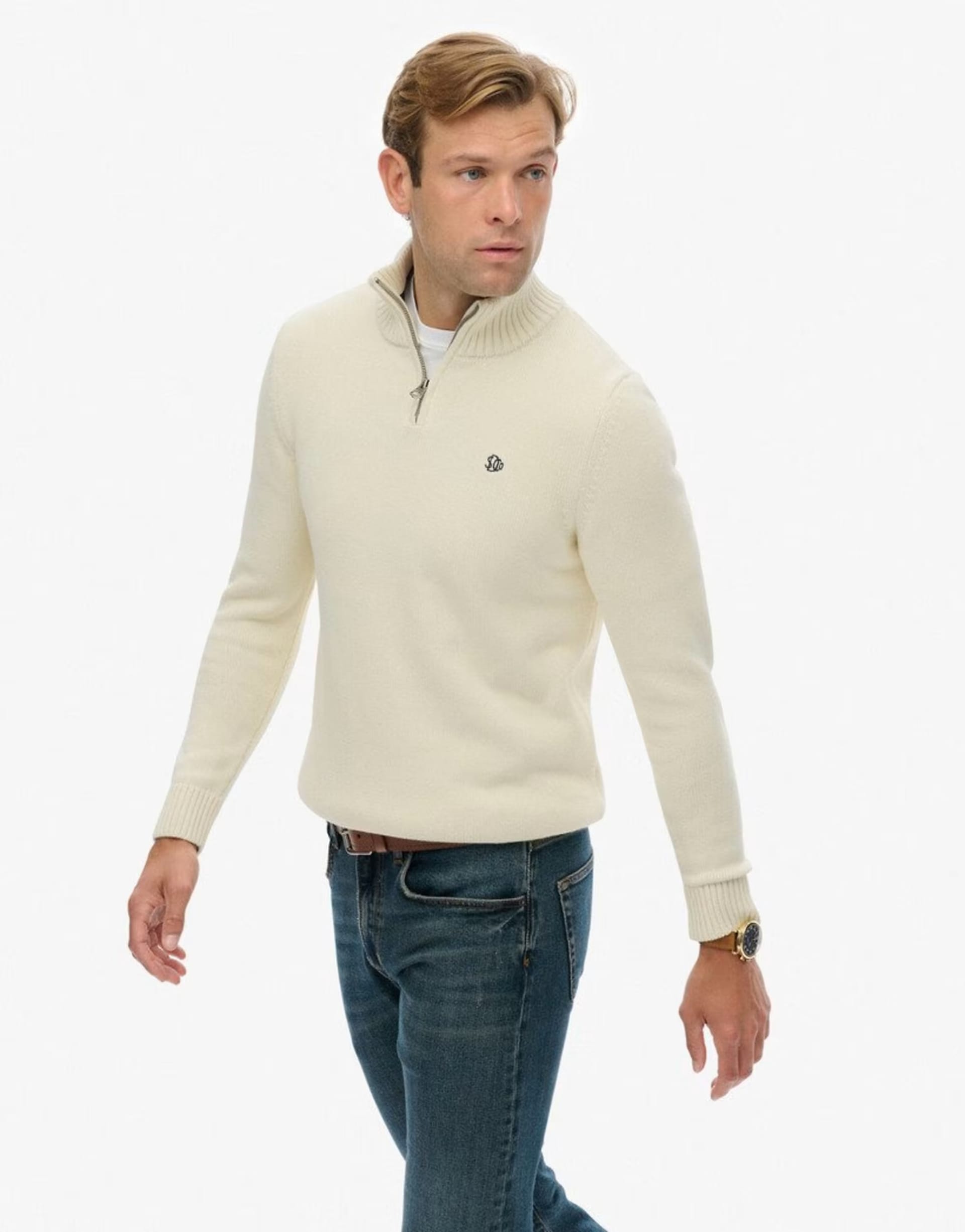 Superdry Cream Cotton Half Zip Knit Jumper