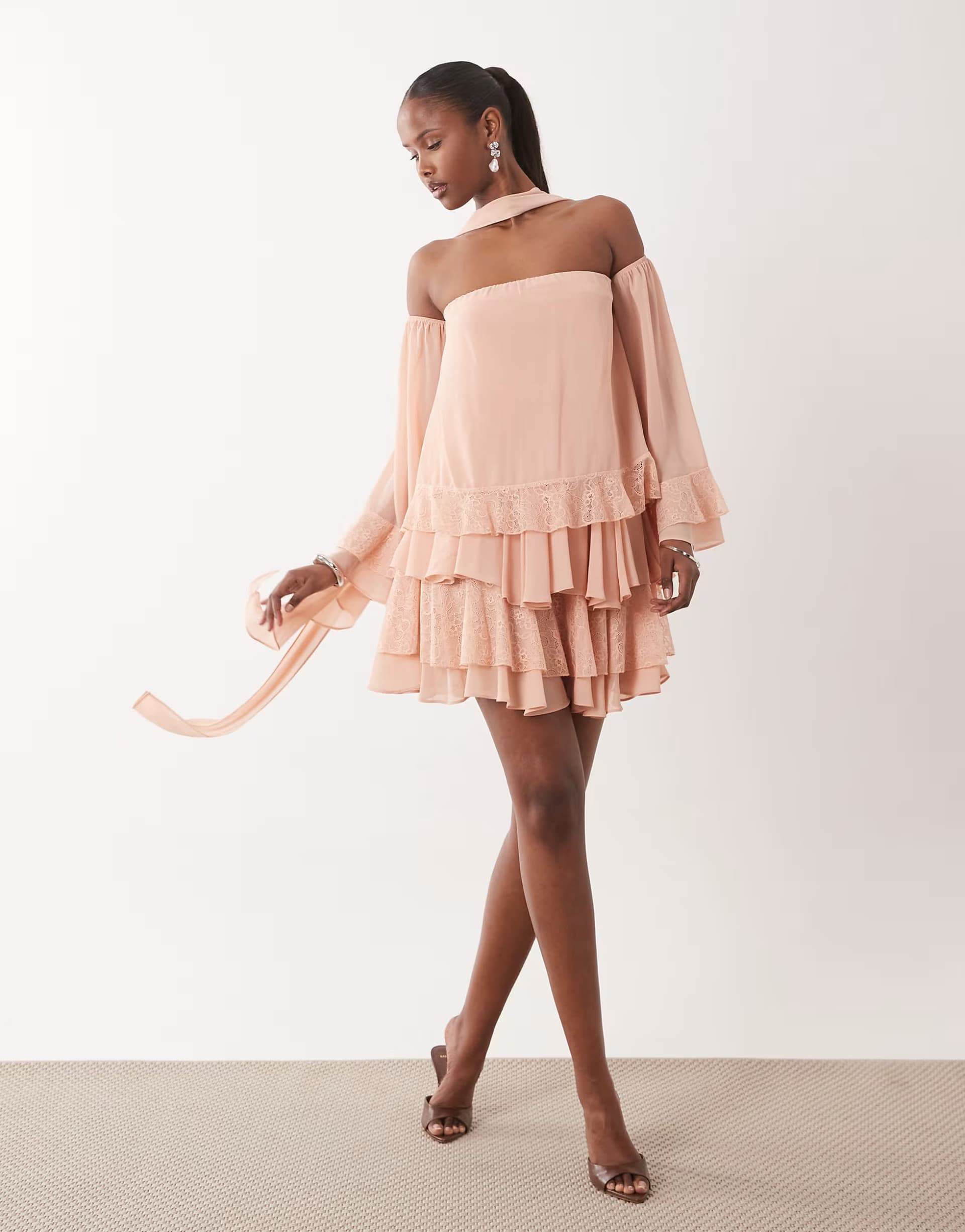 ASOS TFNC bardot chiffon lace mini dress with scarf in pale pink