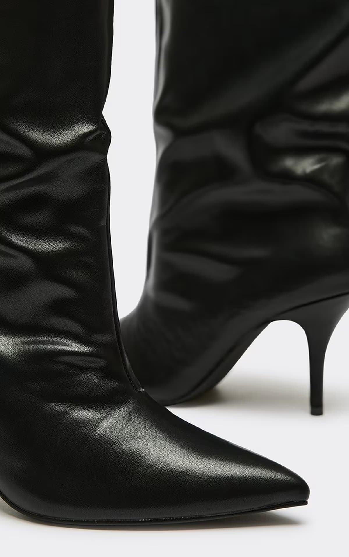 EGO Scout Pointed Toe Mid Calf Slouched Heel Boot In Black Faux Leather, Women's Size UK 3
