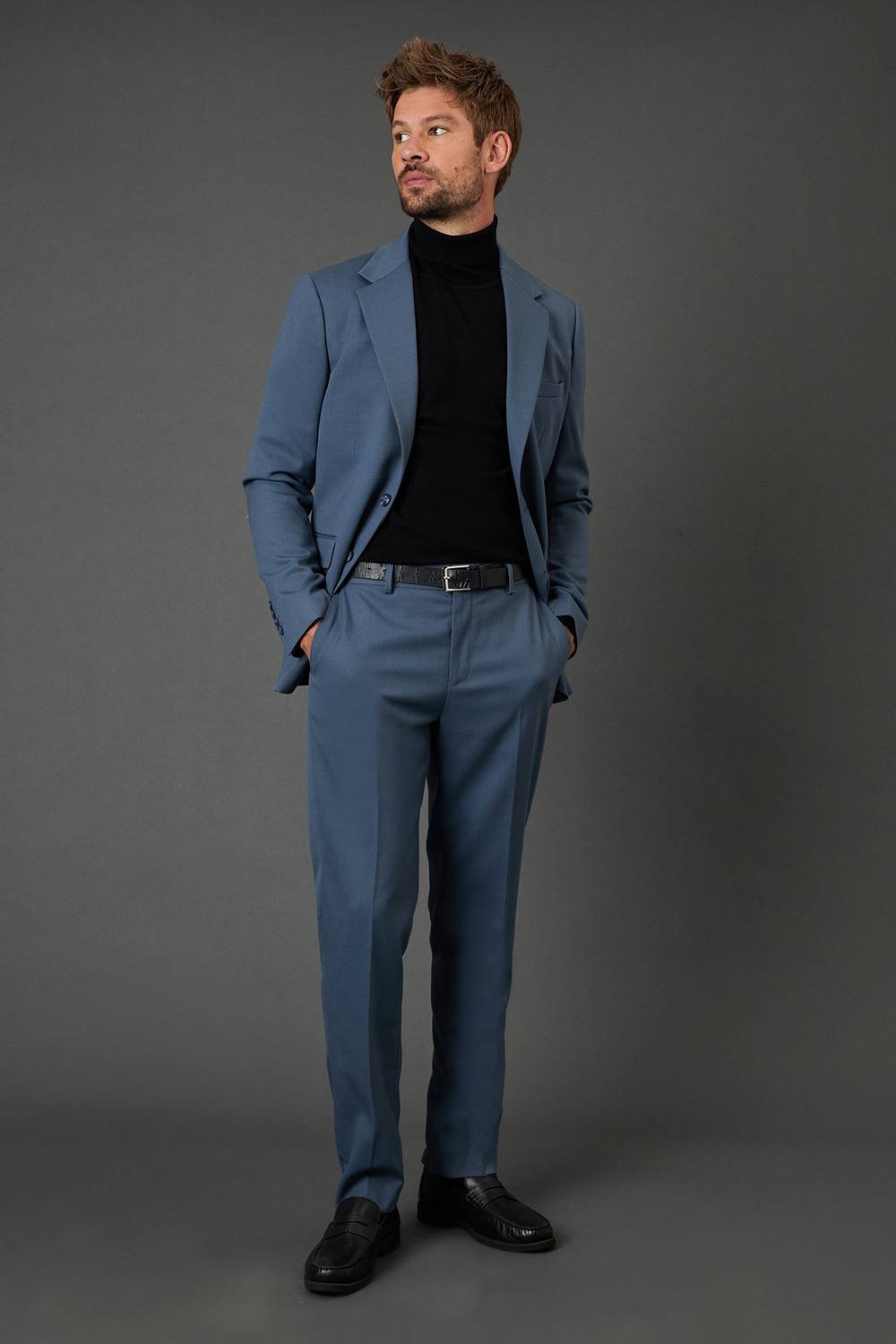 Burton Burton Men's Airforce Wool Blend Stretch Slim Fit Suit Trousers in Blue - 2