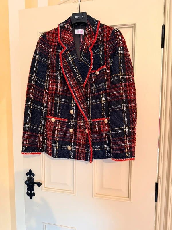 Savida Navy and red check boucle blazer