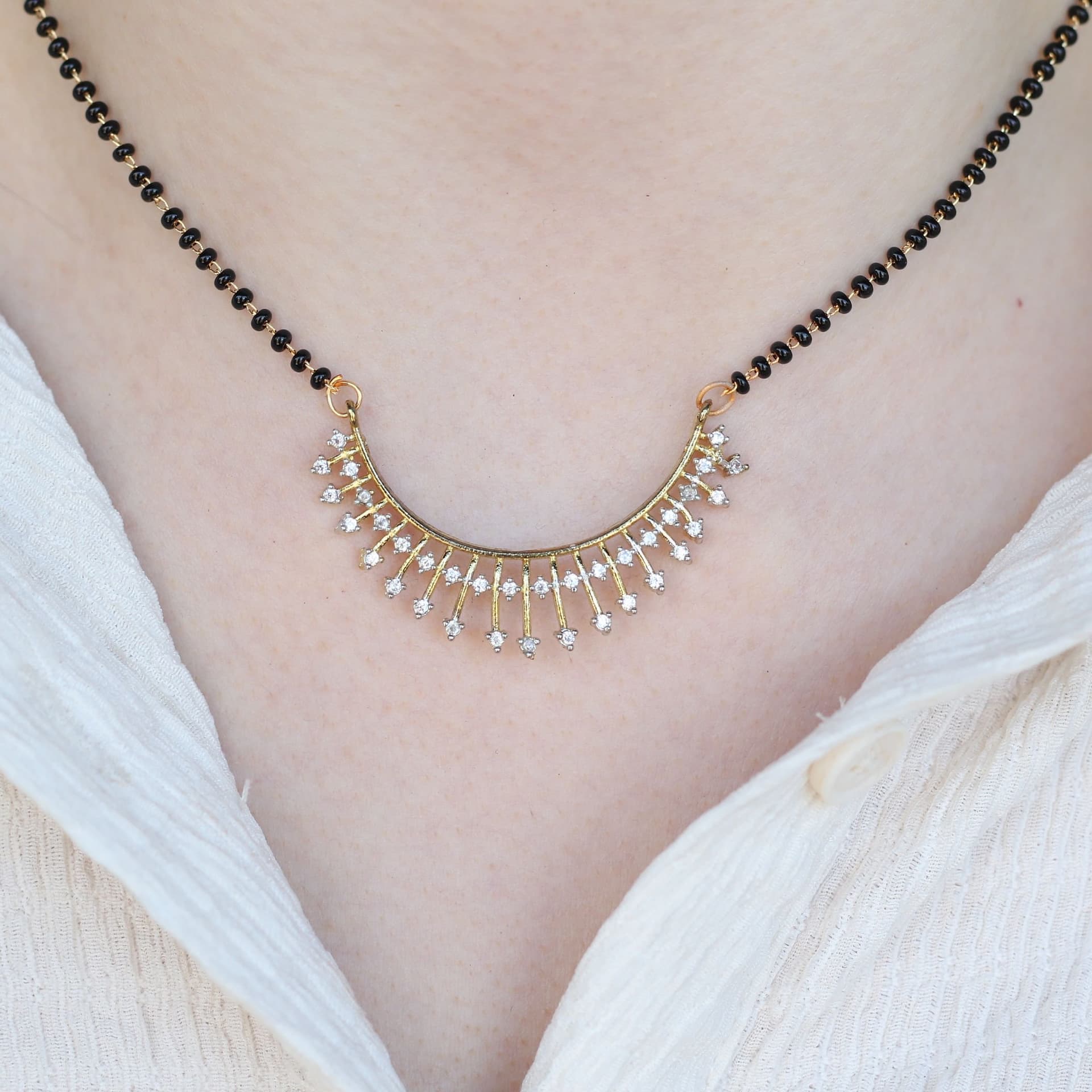 The Colourful Aura The Colourful Aura Women's Indian Nazaria Silver Zircon Mangalsutra Black Beads Earring & Necklace