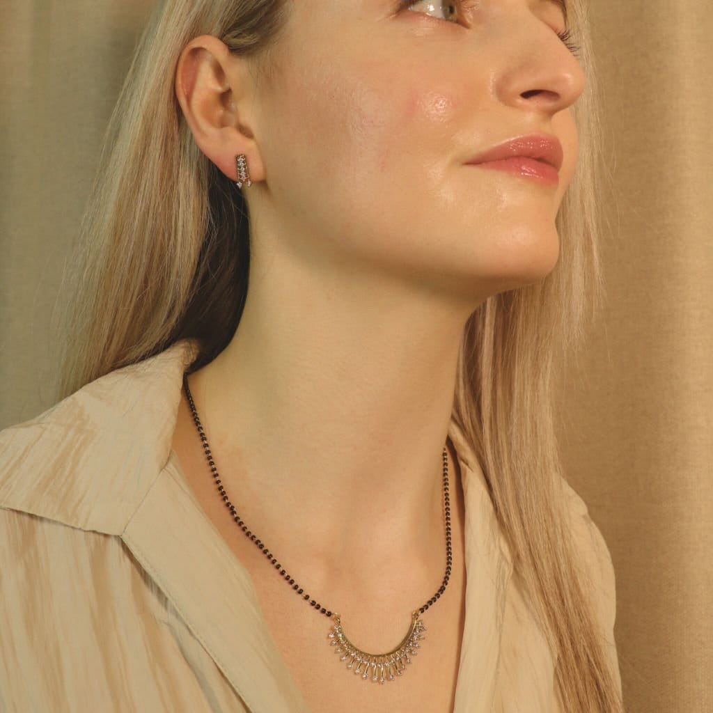 The Colourful Aura The Colourful Aura Women's Indian Nazaria Silver Zircon Mangalsutra Black Beads Earring & Necklace - 4