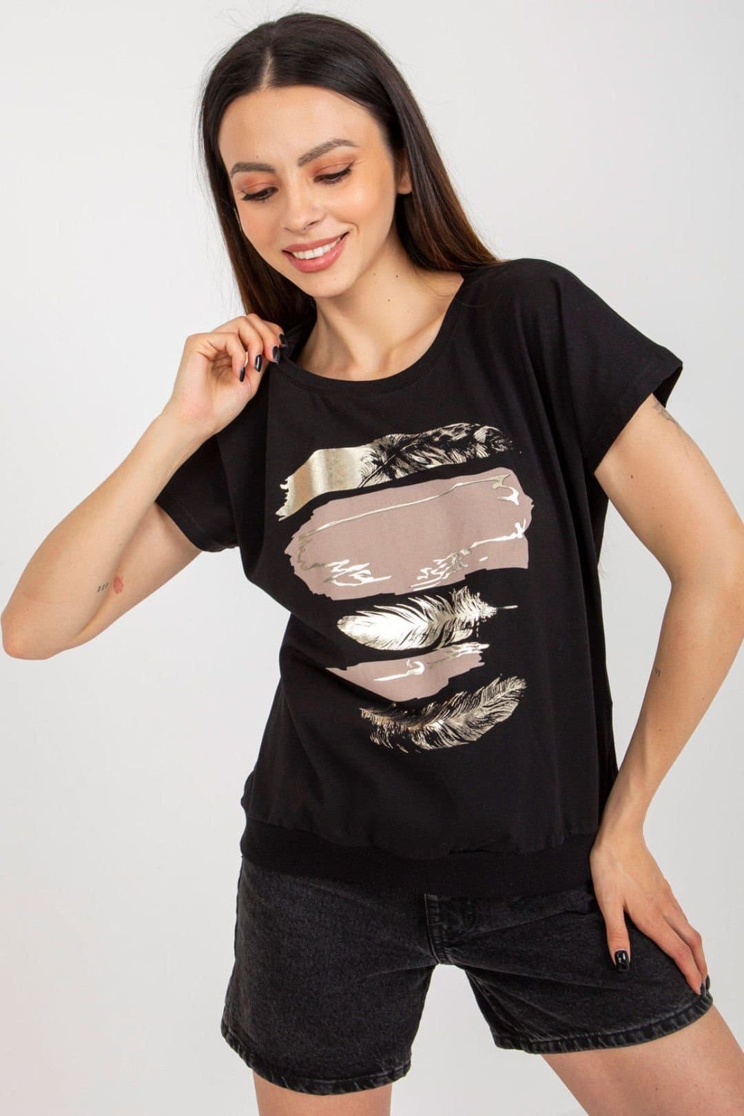 Love Lace Love Lace Black Cotton Short Sleeve Blouse with Print