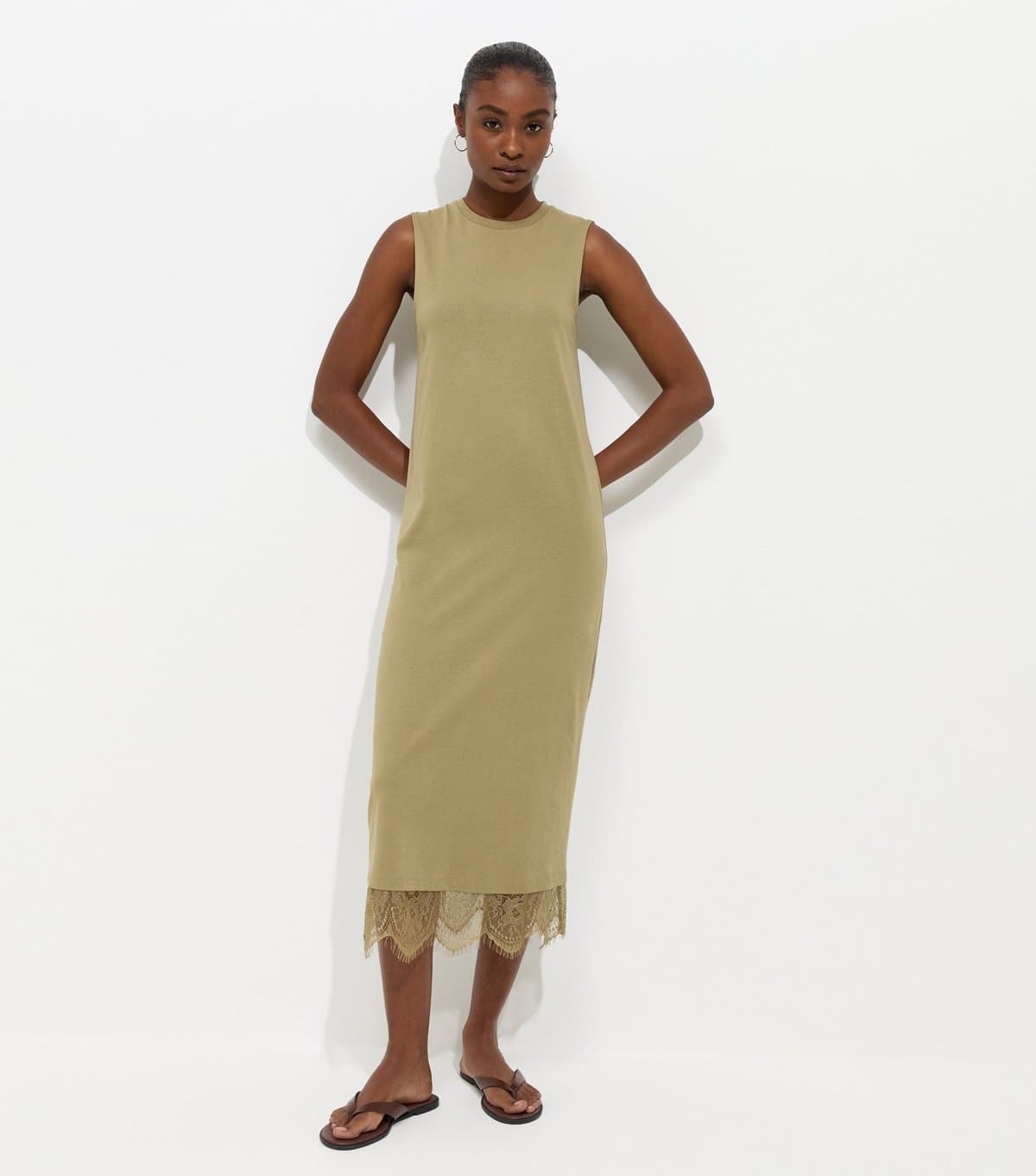 New Look Women's Dark Khaki Cotton Sleeveless Lace Hem T-Shirt Midi Dress New Look