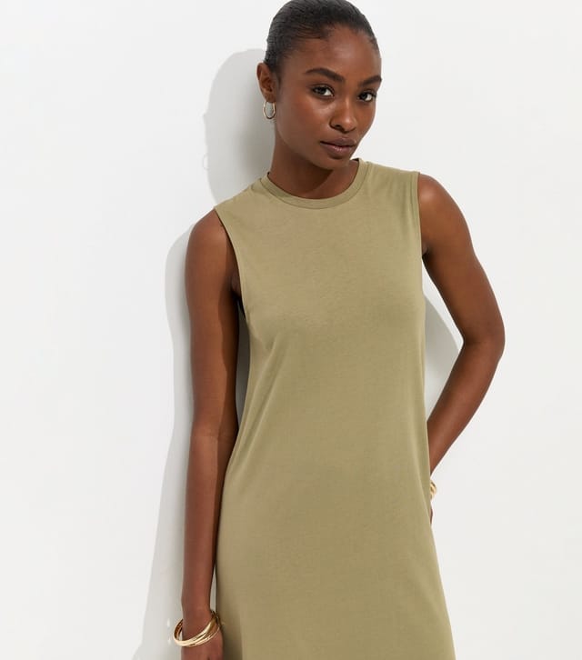 New Look Women's Dark Khaki Cotton Sleeveless Lace Hem T-Shirt Midi Dress New Look - 2