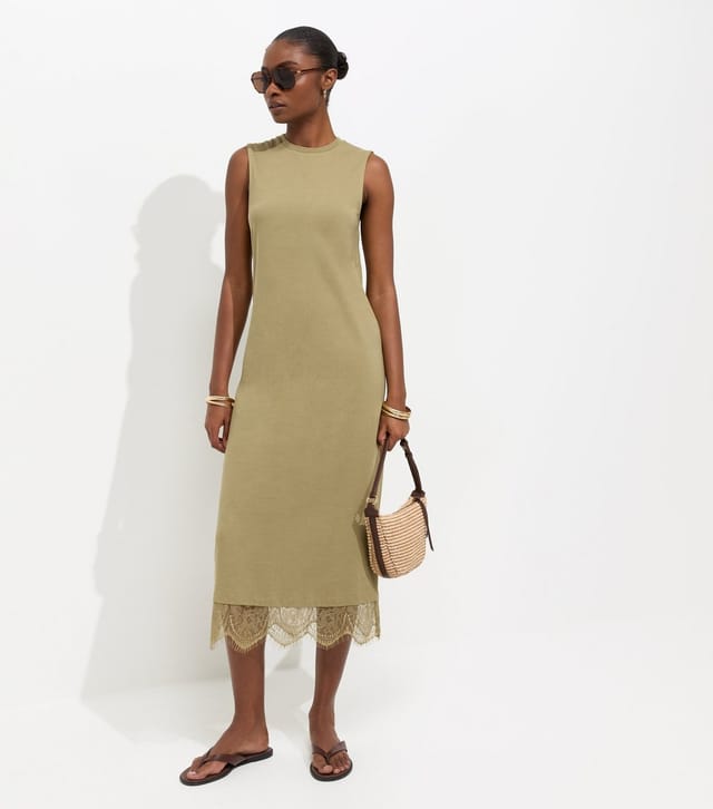New Look Women's Dark Khaki Cotton Sleeveless Lace Hem T-Shirt Midi Dress New Look - 3