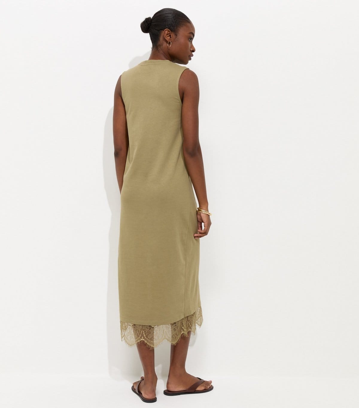 New Look Women's Dark Khaki Cotton Sleeveless Lace Hem T-Shirt Midi Dress New Look - 4