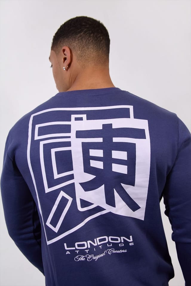 LONDON ATTITUDE LONDON ATTITUDE Men's Navy Blue Japanese-inspired Crewneck Sweatshirt - 2