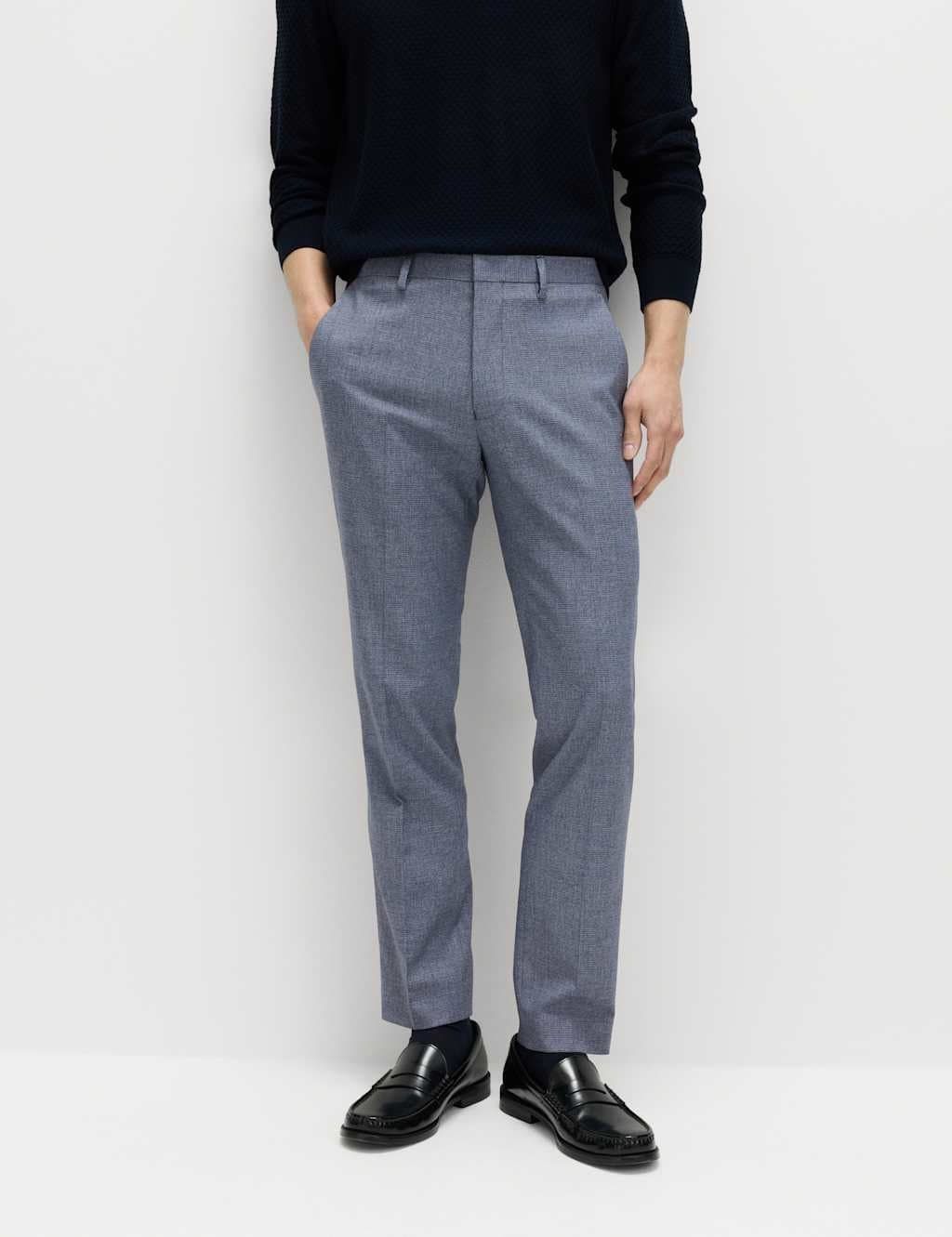 Marks & Spencer M&S Tailored Fit Micro Grid Trousers Blue