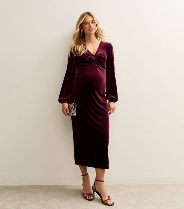 New Look Women's Maternity Burgundy Velvet Twist Midi Dress New Look - 3