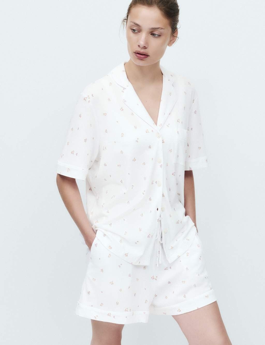 Marks & Spencer M&S Cotton Modal Ditsy Revere Shortie Set White Mix