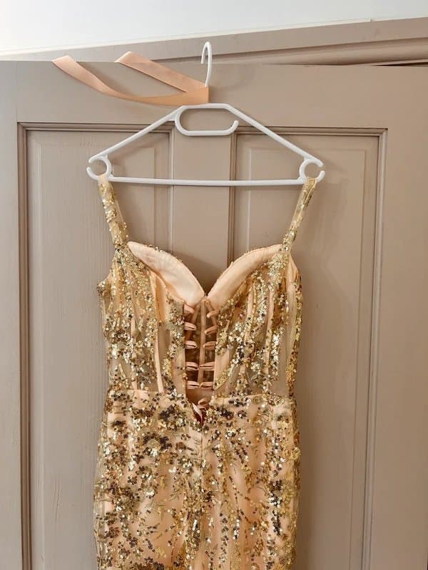 queendancer Gold Sequin Corset Prom Dress | UK 6