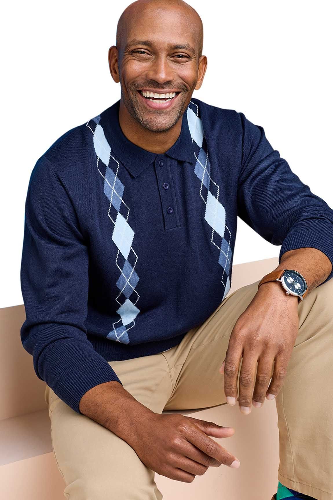 Tootal Tootal Men's Argyle Long Sleeve Knitted Collared Sweater, Classic Smart Casual in Navy - 2