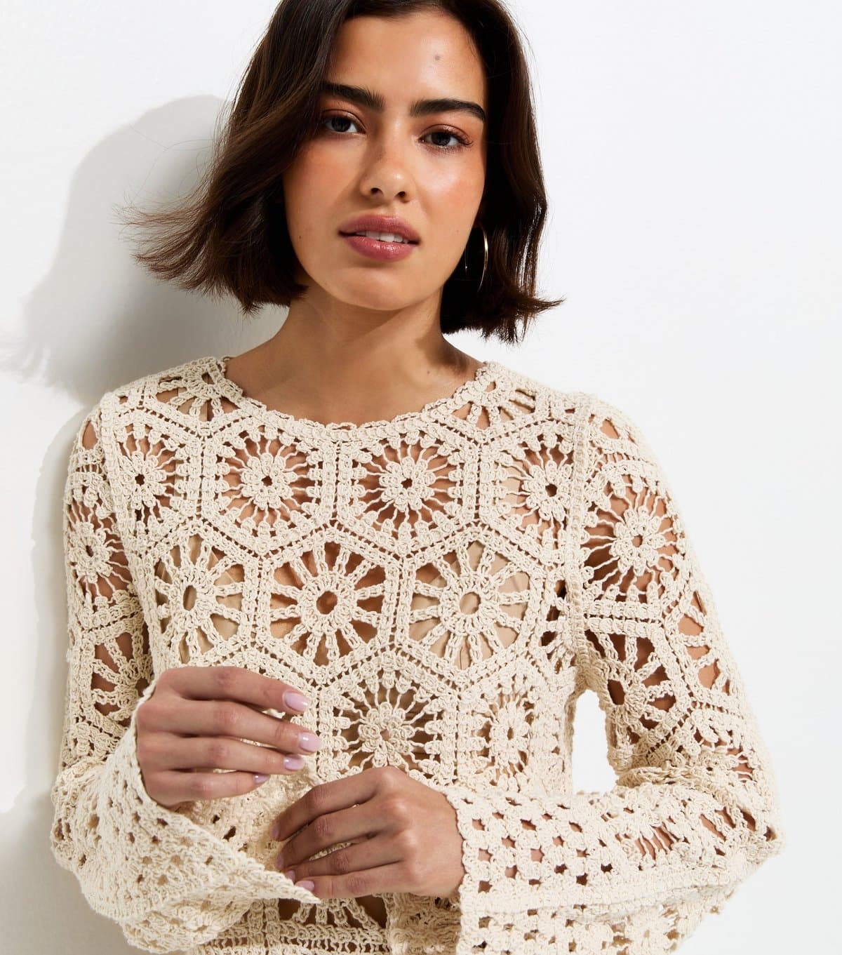 New Look Women's Off White Crochet Knit Semi Sheer Long Sleeve Top New Look