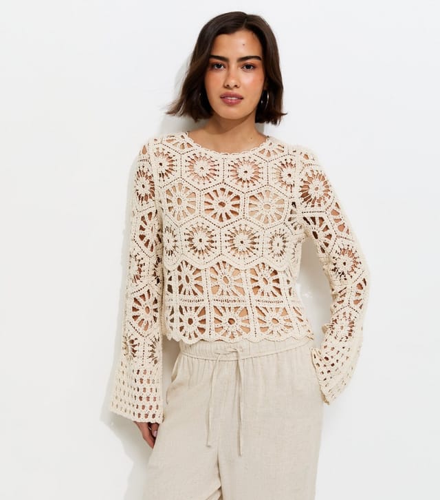 New Look Women's Off White Crochet Knit Semi Sheer Long Sleeve Top New Look - 2