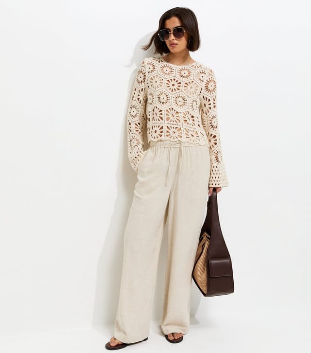 New Look Women's Off White Crochet Knit Semi Sheer Long Sleeve Top New Look - 3