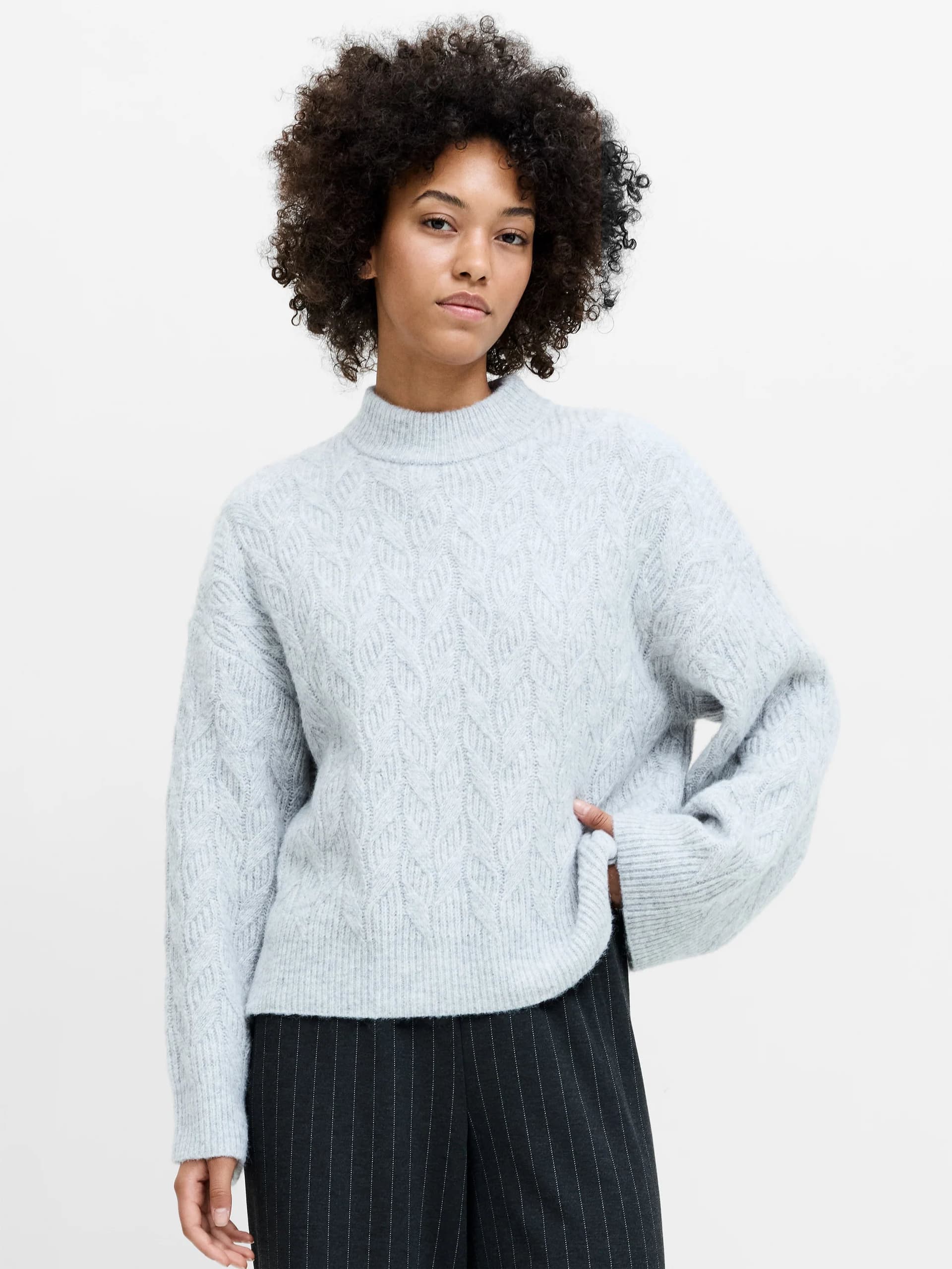 French Connection Kezia Recycled Light Grey Cable Twist Knit Jumper Soft Grey