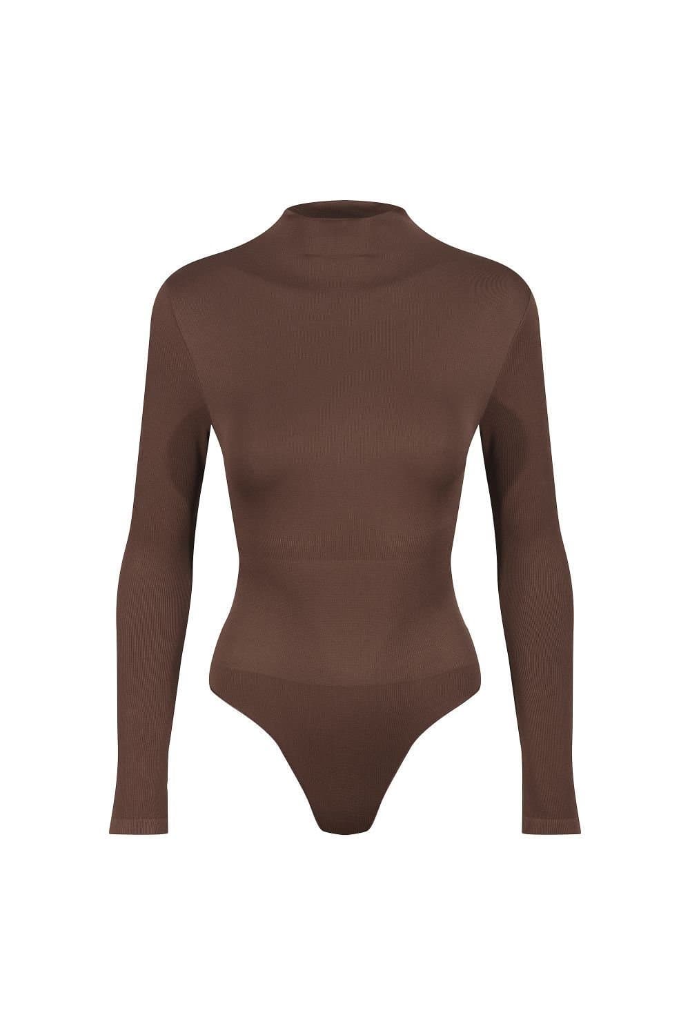 Ruey Ruey Women's Essentials Turtle Neck Bodysuit Sculpting Stretch Fit in Brown