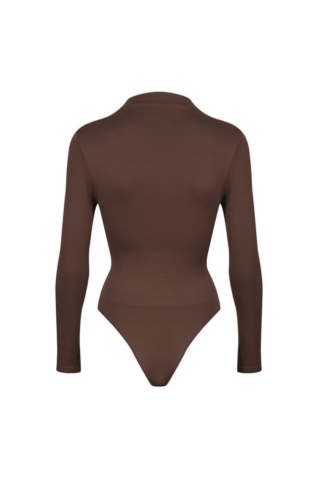 Ruey Ruey Women's Essentials Turtle Neck Bodysuit Sculpting Stretch Fit in Brown - 2