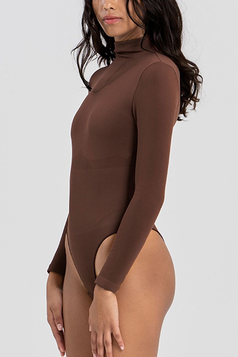 Ruey Ruey Women's Essentials Turtle Neck Bodysuit Sculpting Stretch Fit in Brown - 4