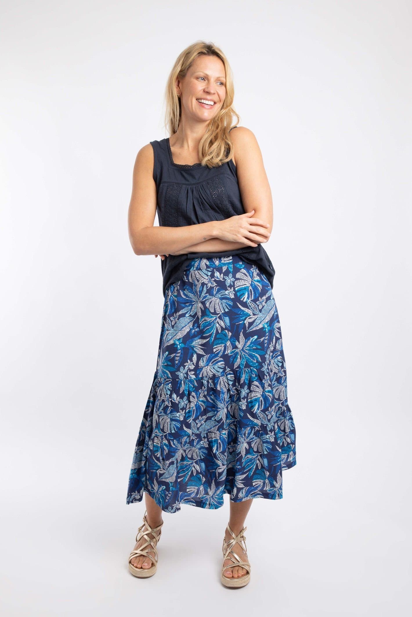 Weird Fish Weird Fish Women's Cassis Printed Tiered Skirt in Dark Indigo