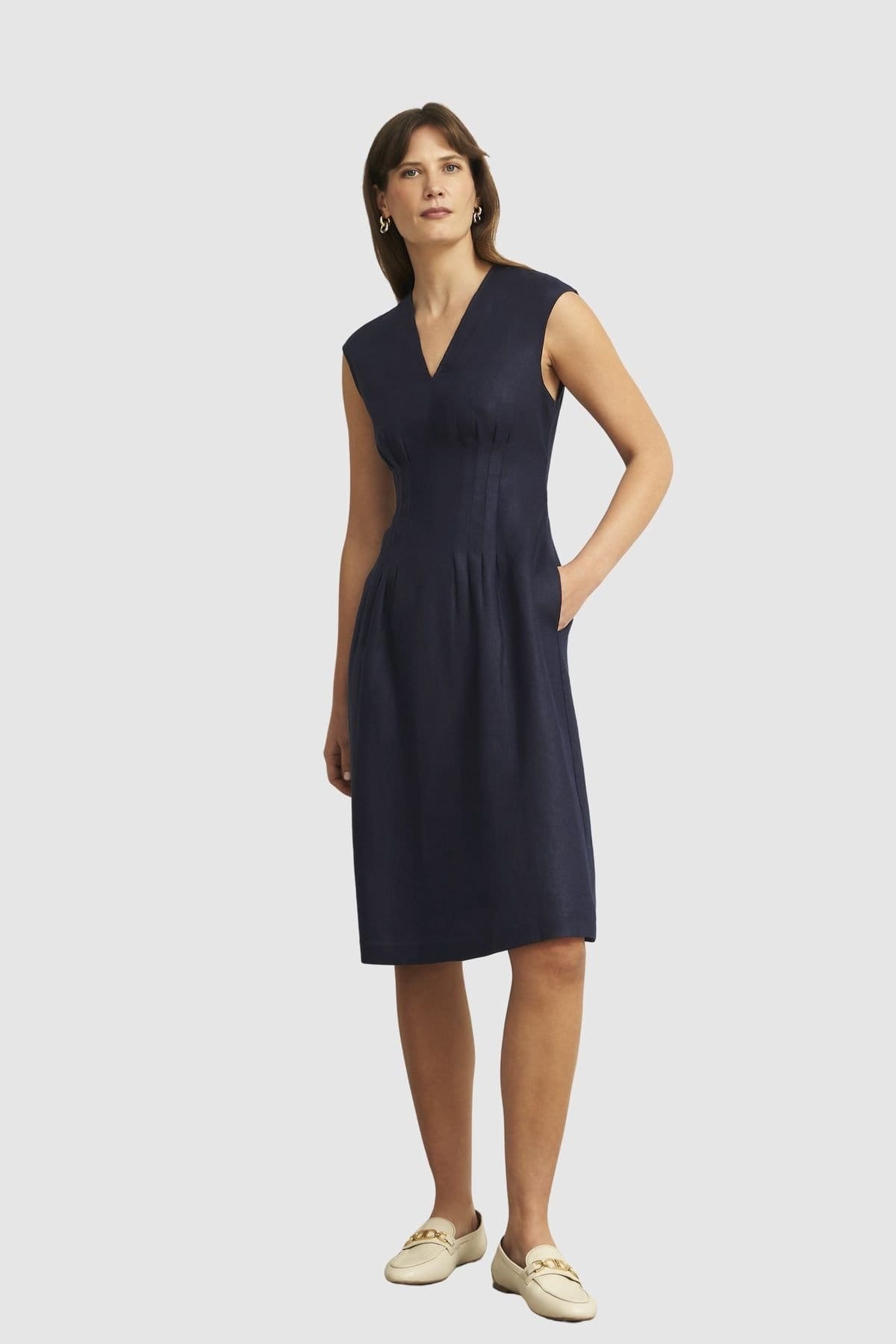 Hobbs London Dark Navy Linen V-Neck Midi Dress