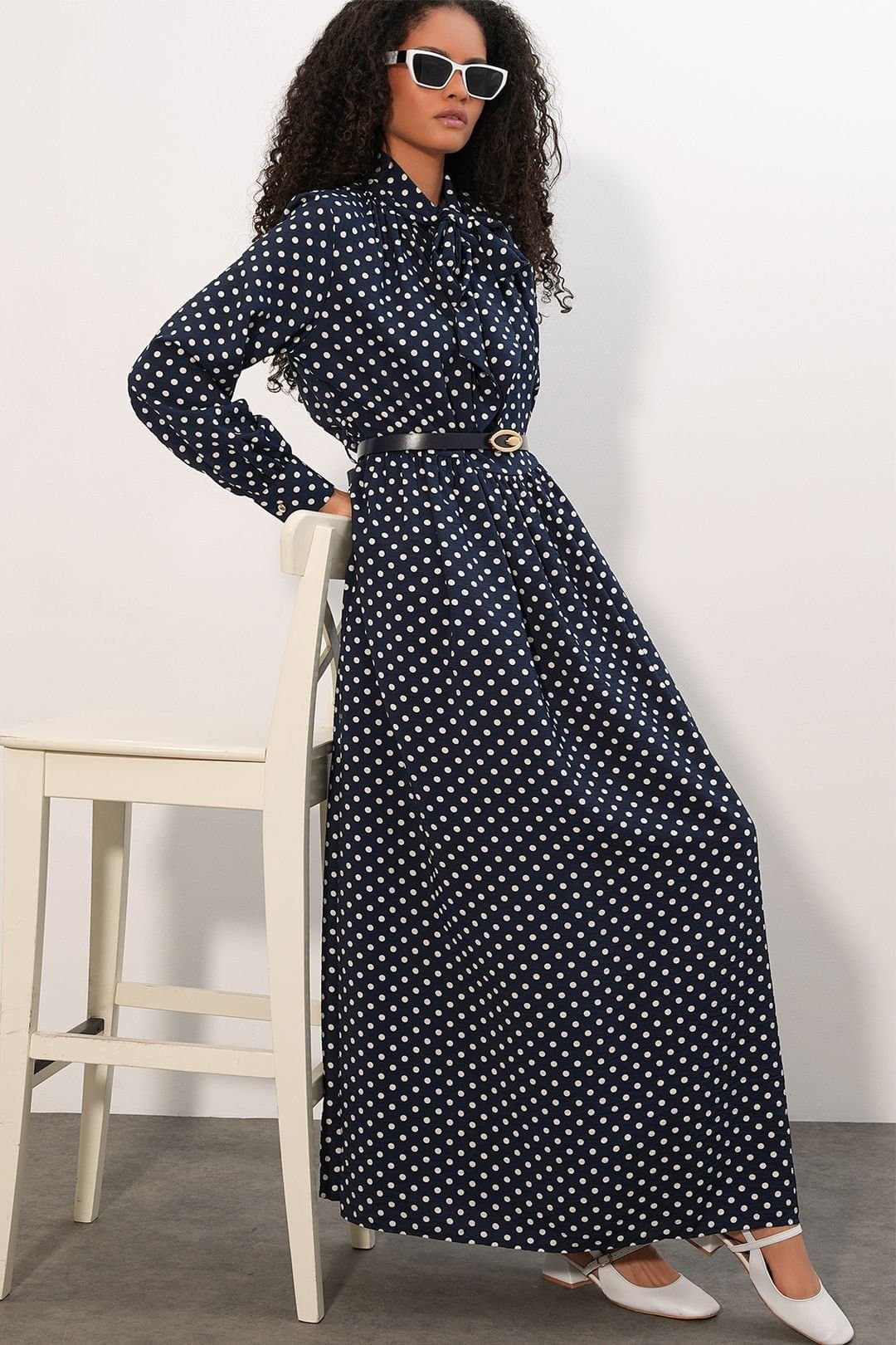 Big Dart Big Dart Women's Polka Dot Maxi Shirt Dress in Navy