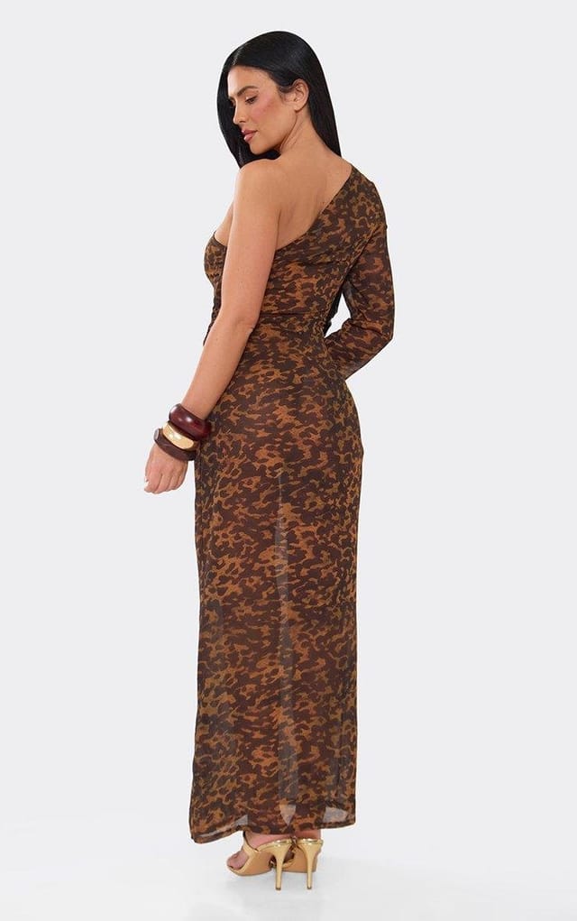 EGO One Shoulder Flared Sleeve Maxi Beach Dress In Multi Animal Print, Women's Size UK 6 - 2