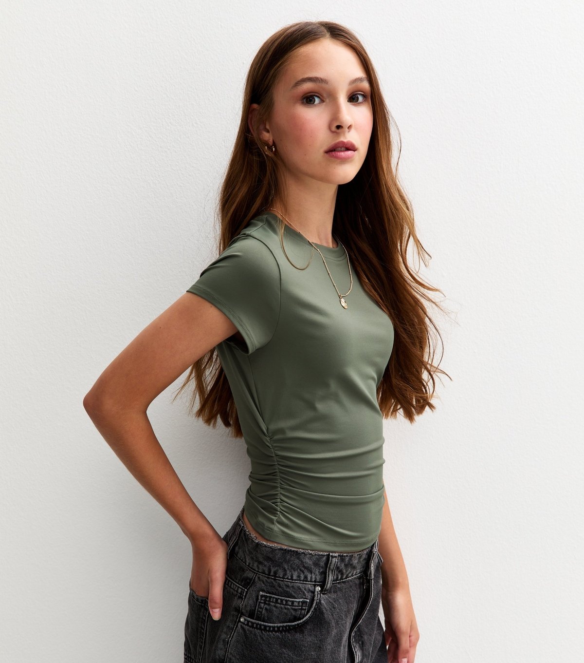 New Look Girls' Light Khaki Ruched Side Cap Sleeve T-Shirt New Look - 1