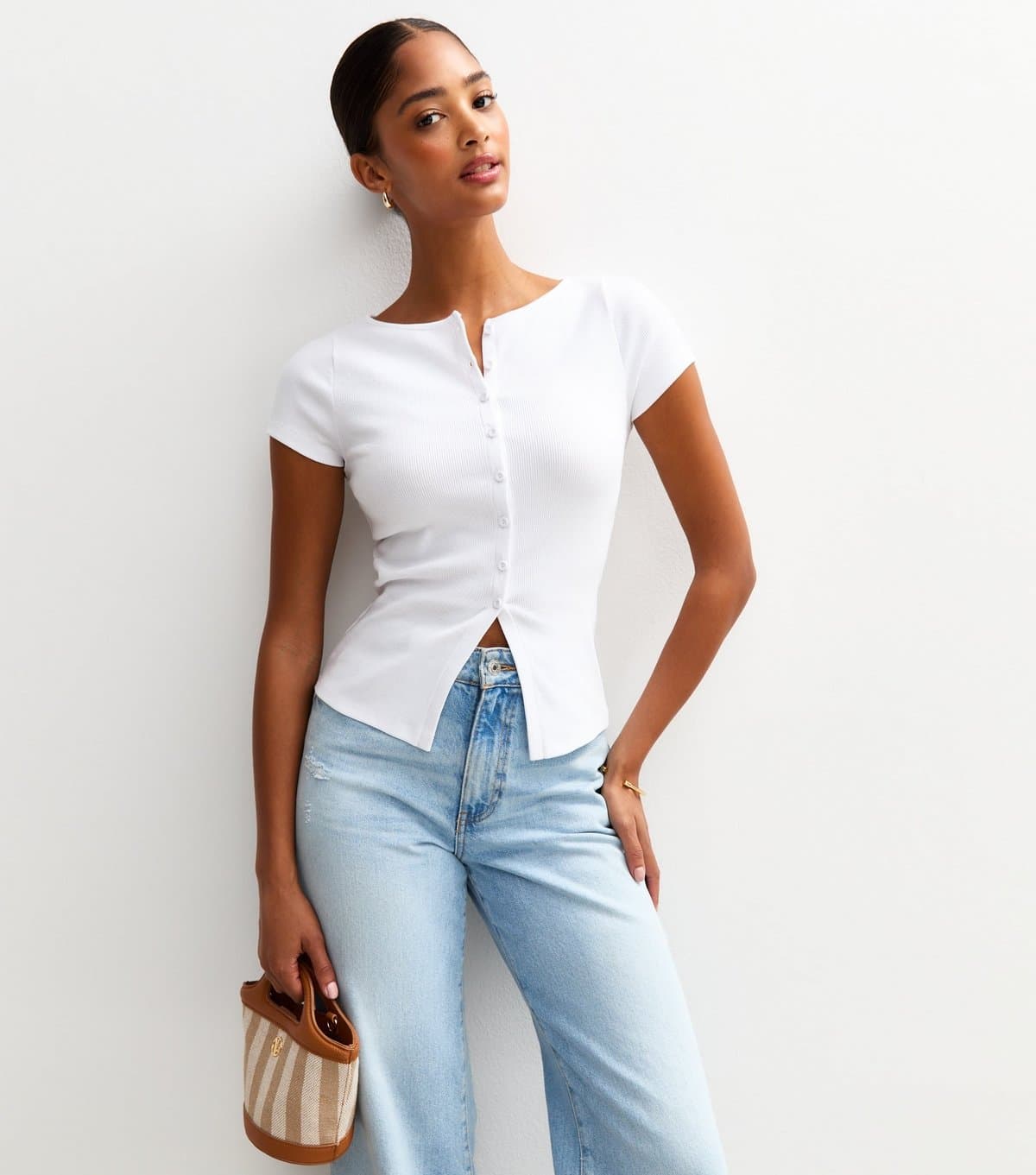 New Look New Look White Ribbed Button Up Baby Tee