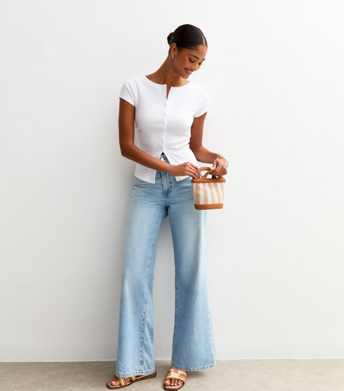 New Look Women's White Ribbed Button Up Baby Tee New Look - 4