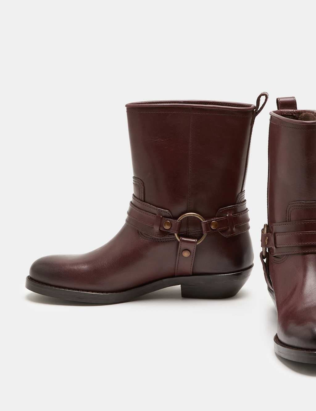 Marks & Spencer M&S Wine Leather Cowboy Block Heel Mid Calf Boots