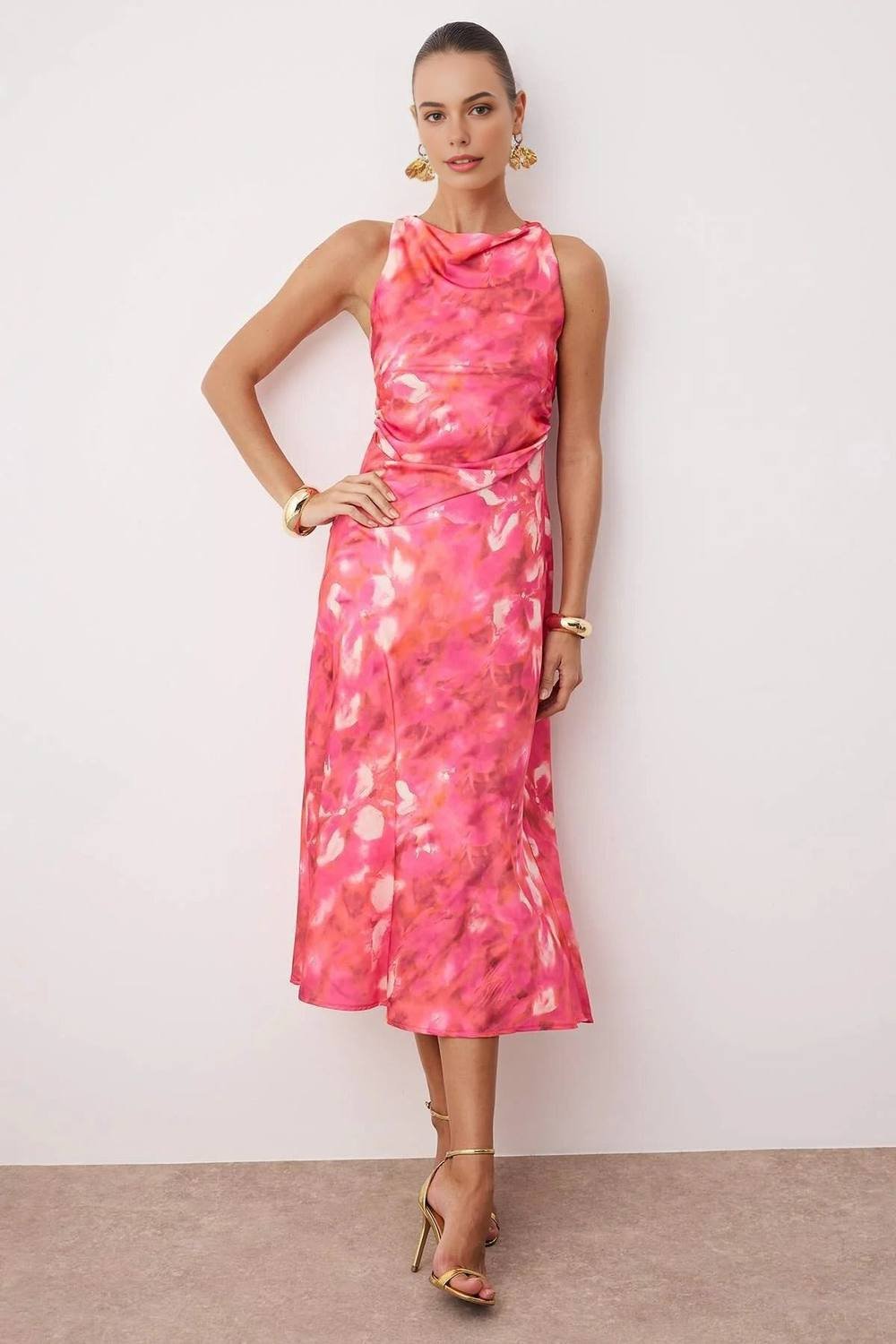 WOVCOR WOVCOR Women's Sleeveless Cowl Neck Printed Satin Midi Dress - 2