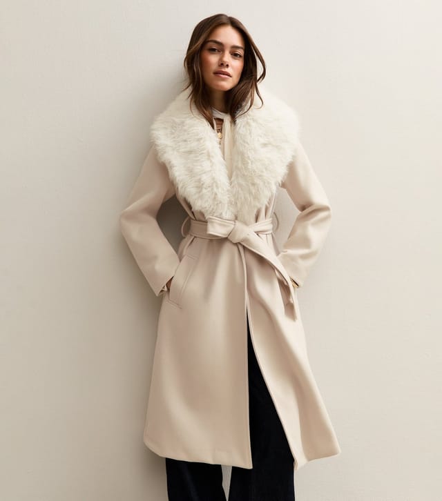 New Look Women's Petite Stone Faux Fur Collar Belted Coat New Look - 2