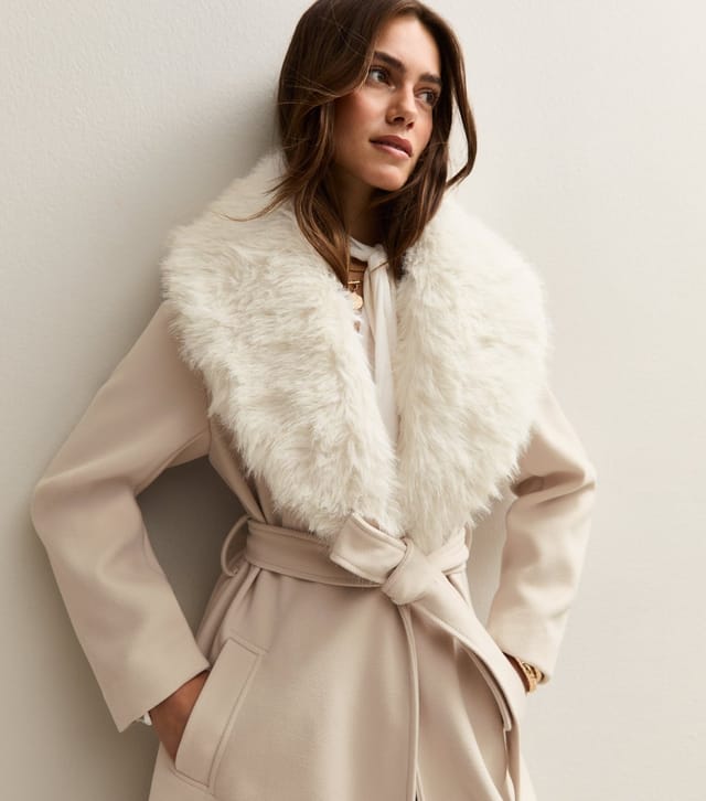 New Look Women's Petite Stone Faux Fur Collar Belted Coat New Look - 3