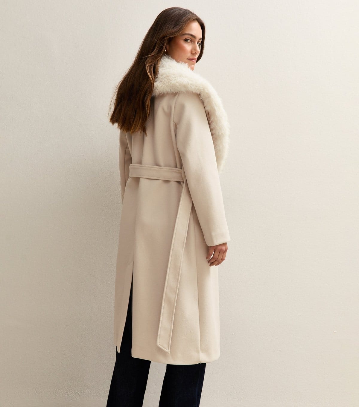 New Look Women's Petite Stone Faux Fur Collar Belted Coat New Look - 4