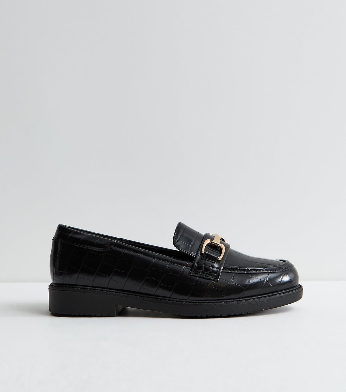 New Look Women's Wide Fit Black Faux Leather Croc Embossed Loafers Vegan New Look