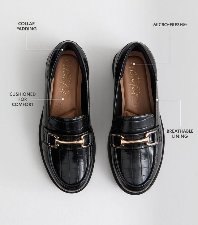 New Look Women's Wide Fit Black Faux Leather Croc Embossed Loafers Vegan New Look - 2