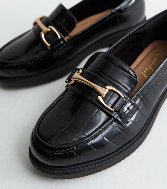 New Look Women's Wide Fit Black Faux Leather Croc Embossed Loafers Vegan New Look - 3
