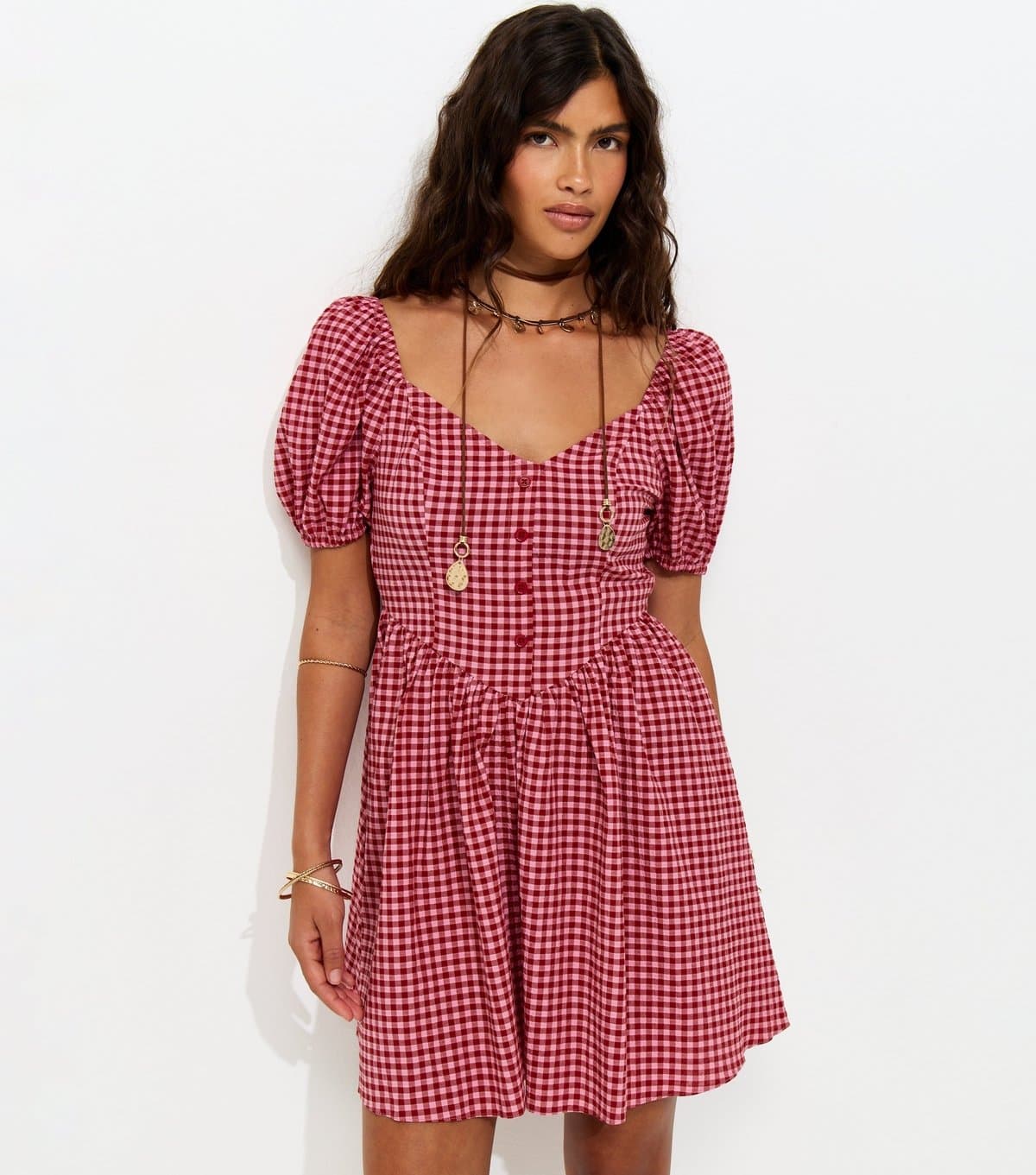 New Look Women's Pink Gingham Milkmaid Mini Dress New Look