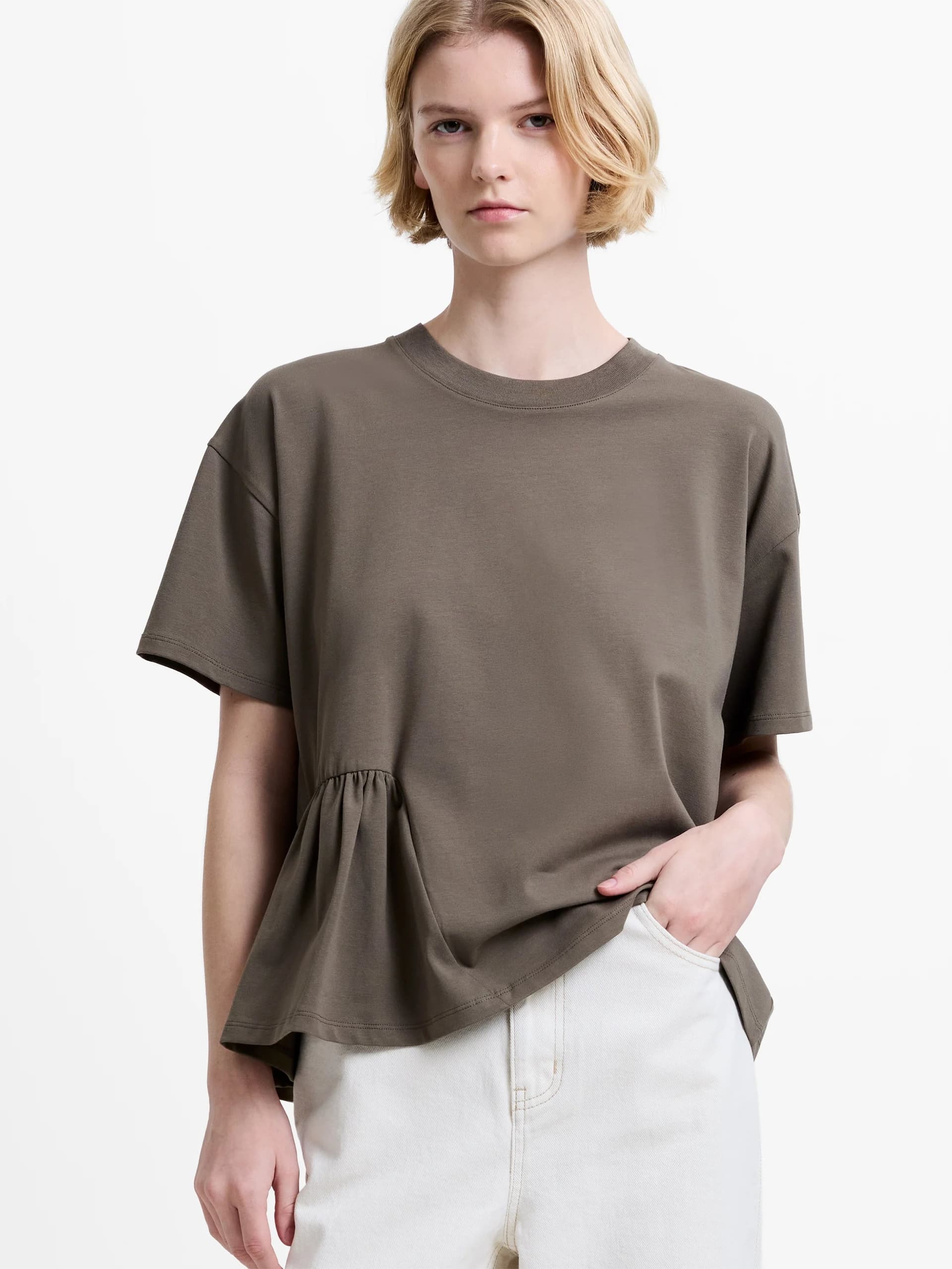 French Connection Rallie Asymmetric Peplum T-Shirt Vintage Khaki Green