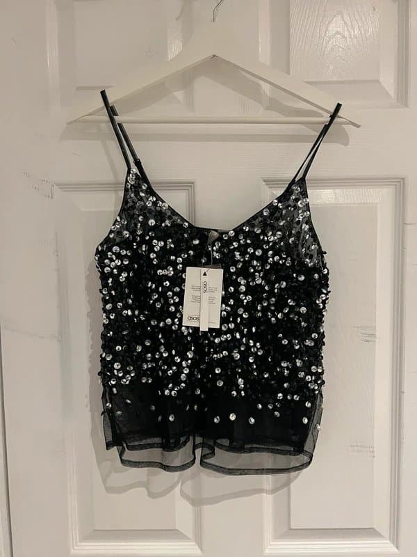 ASOS Asos design black mesh cami top with sequin jewel beaded embellishment