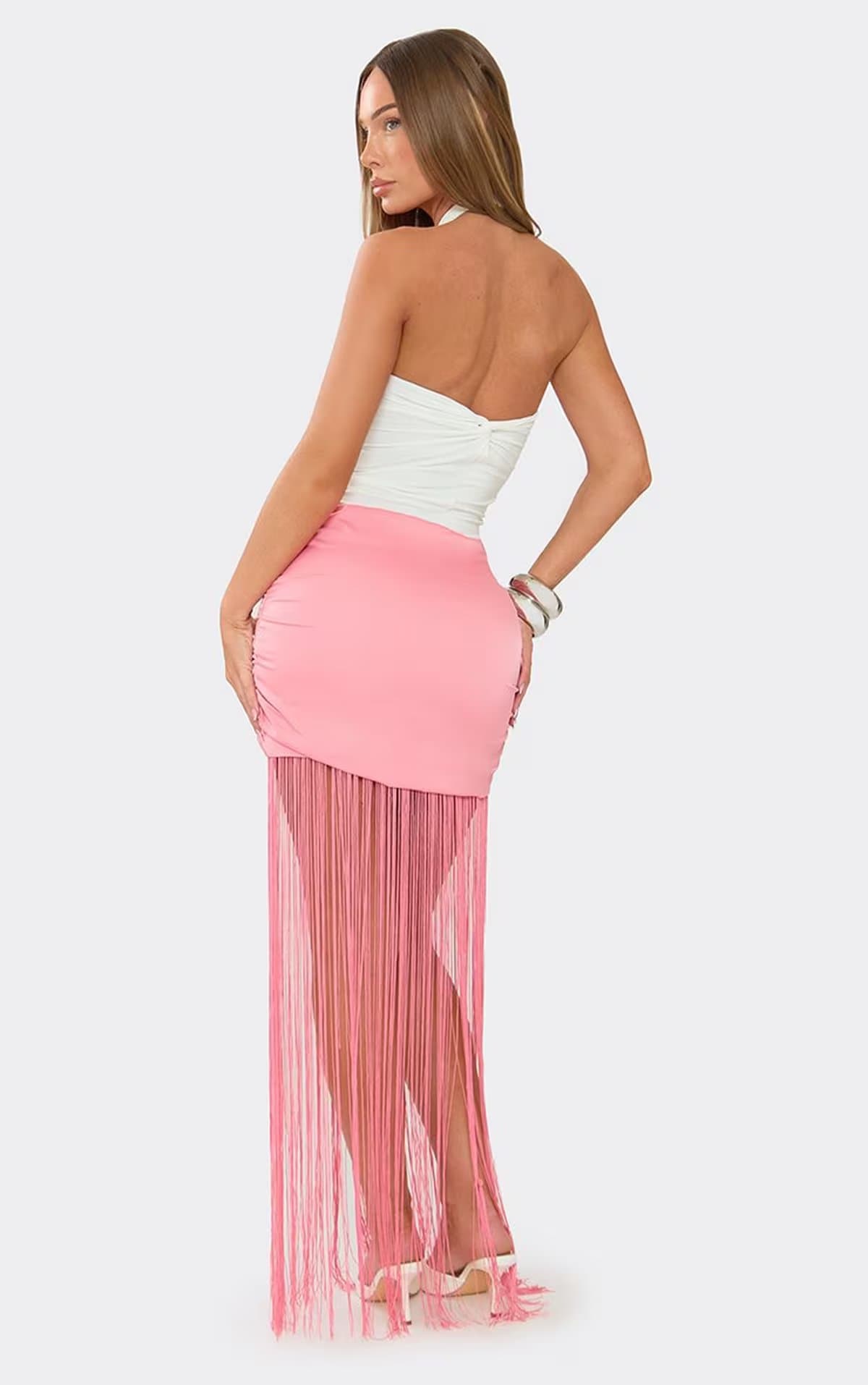 EGO Mid Rise Tassel Hem Skirt In Pink Satin, Women's Size UK 6