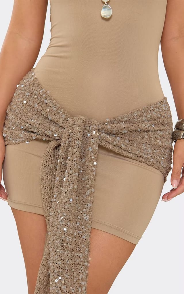 EGO Scoop Neck Textured Sequin Draped Detail Mini Dress In Beige, Women's Size UK 6 - 2